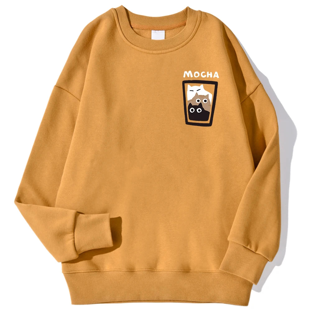 Mocha Cat Cup Printed Crew Neck Sweatshirts
