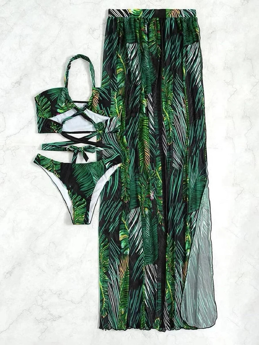 3 Pieces Flower Design Halter Bathing Suit Set