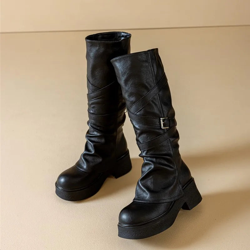 Women’s Knee-High High Heel Riding Boots 2025 – PU Leather Platform Princess Slim Boots