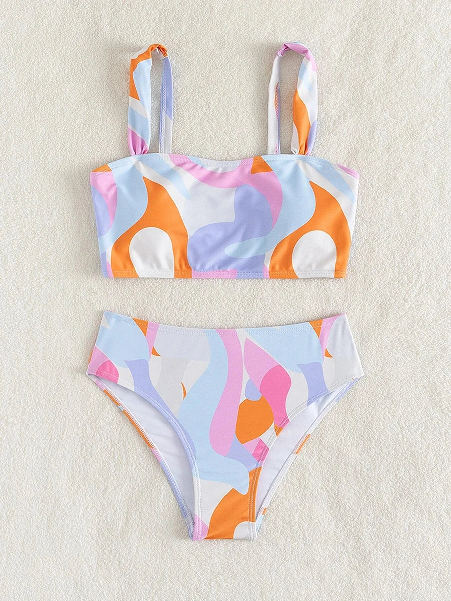 Pastel Abstract Retro Print High Waist Bikini Aesthetic