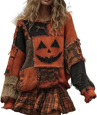 Halloween Knitted Sweater For Women Autumn Gothic Pumpkin Print Streetwear Harajuku Winter Warm Loose Casual Pullover