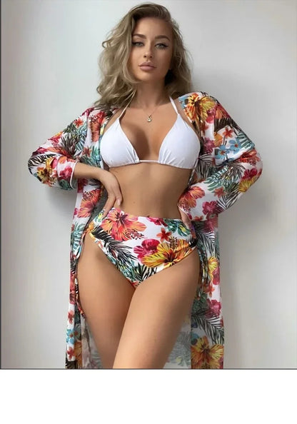 Tropical Floral Print 3-Piece High Waist Bikini and Kimono Set Aesthetic