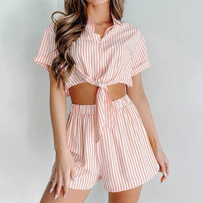 Shorts Crop Top Casual Pink Striped Pajamas 2 Piece Set