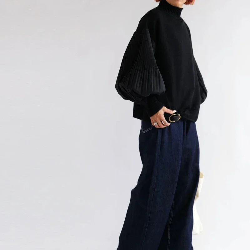 Lantern Sleeve Autumn Knitted Pullover Sweater For Women Patchwork Turtleneck Pleated Lazy Oaf Loose Top Jacket