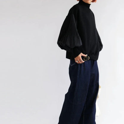 Lantern Sleeve Autumn Knitted Pullover Sweater For Women Patchwork Turtleneck Pleated Lazy Oaf Loose Top Jacket