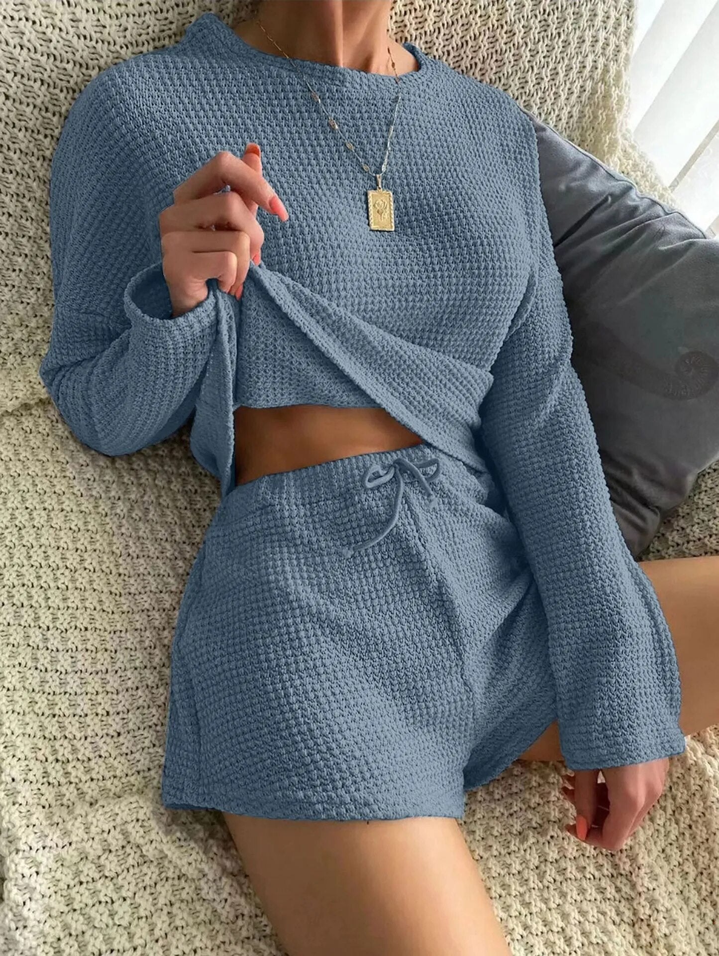 Two Pieces Long Sleeve Top Waffle Shorts Pajama Sets