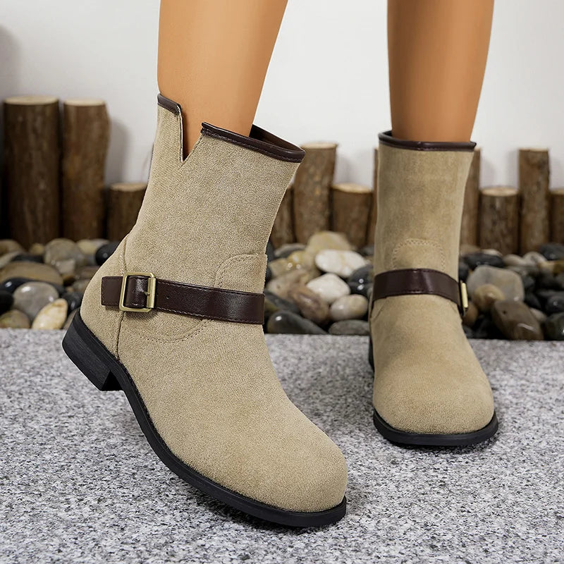 Designer British Style Square Low Heel Faux Suede Boots For Women