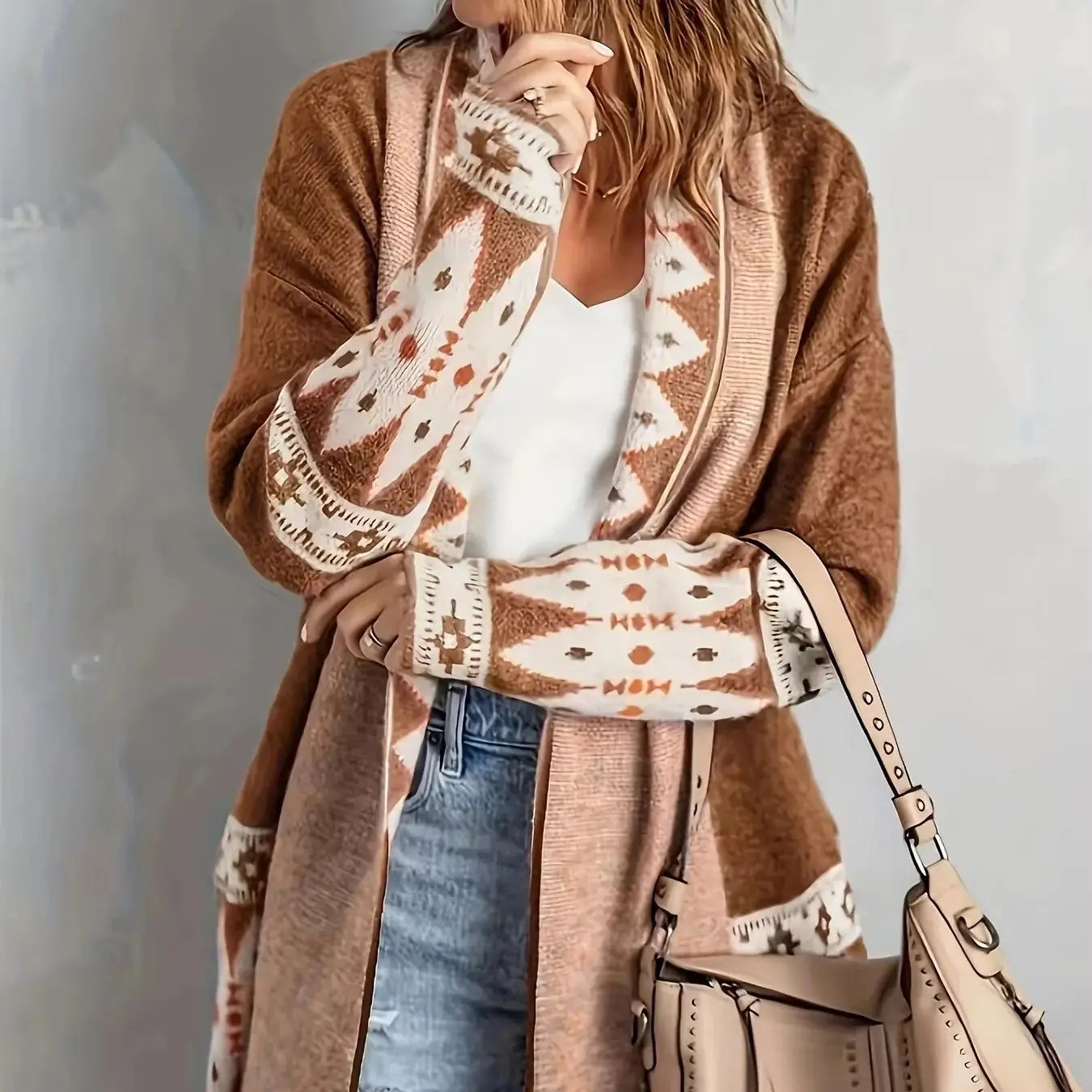 Boho Geometric Knit Cardigan for Women – Mid-Length Casual Sweater