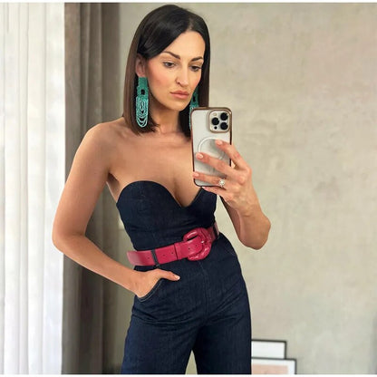 Off-Shoulder Denim Jumpsuit: Sleeveless Backless Summer Fashion with Belt