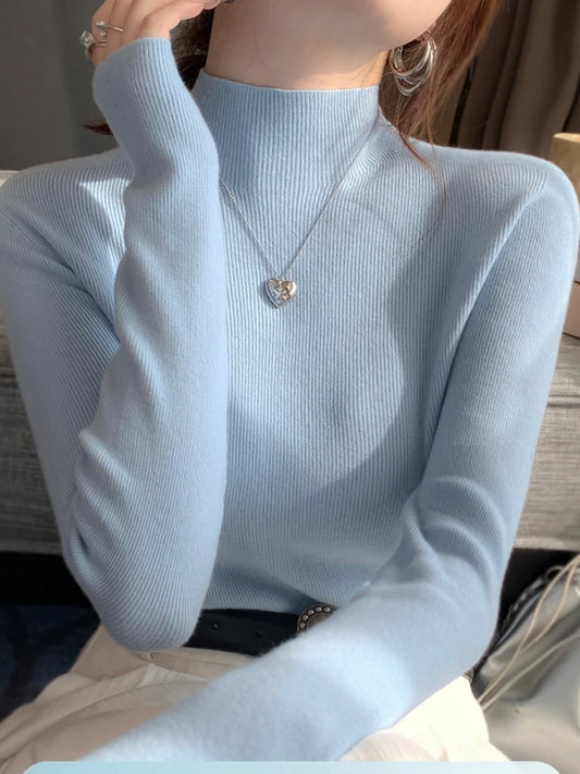 New Autumn Winter Womens Half Turtleneck Sweater Solid Color Glove Head Side Slit Knit Fashion Trend Commuter Sweater