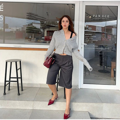 Elegant Gray Knit Cardigan for Women – 2025 Autumn Streetwear