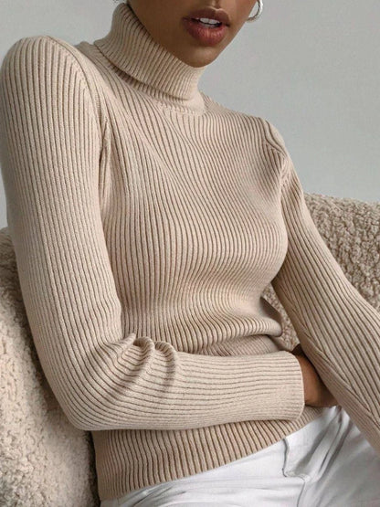2025 Autumn Winter Women S Thick Ribbed Knitted Turtleneck Sweater Slim Fit Long Sleeve Pullover Soft Warm