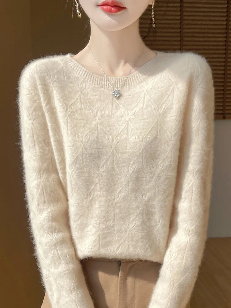 Women S Autumn Winter Sweater Temperament Commuter Round Neck Hollow Out Knit Top Pullover For Women