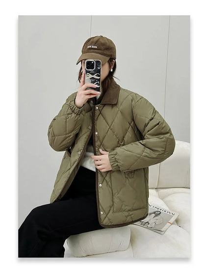 Quilted PU Leather Short Coat – Warm Rhombic Lattice Winter Jacket for Women