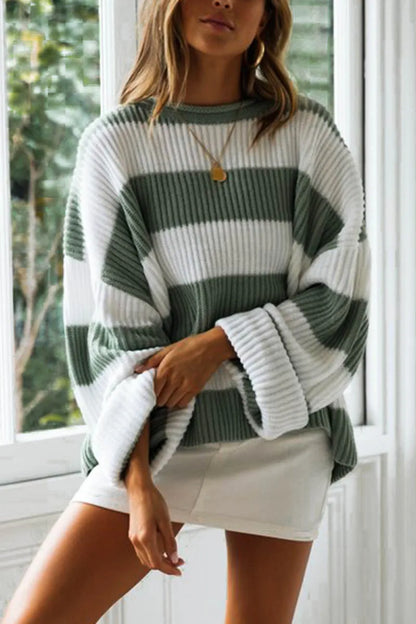 2025 Fashion Striped O-Neck Sweater for Women – Bell Sleeve Long Sleeve Loose Fit Knit, Y2K Preppy Style for Autumn & Winter