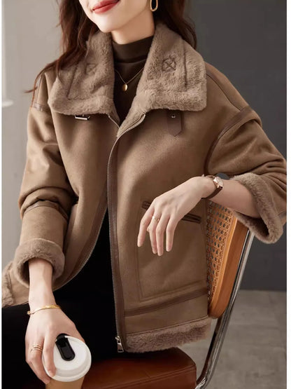 2023 Womens Extra Thick Lamb Leather Rider Jacket With Faux Fur