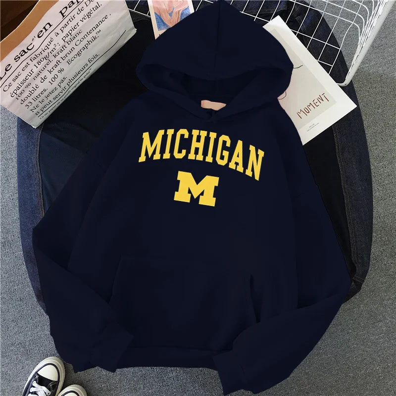 Michigan University Hoodie Hip Hop Fleece Streetwear Unisex Pullover