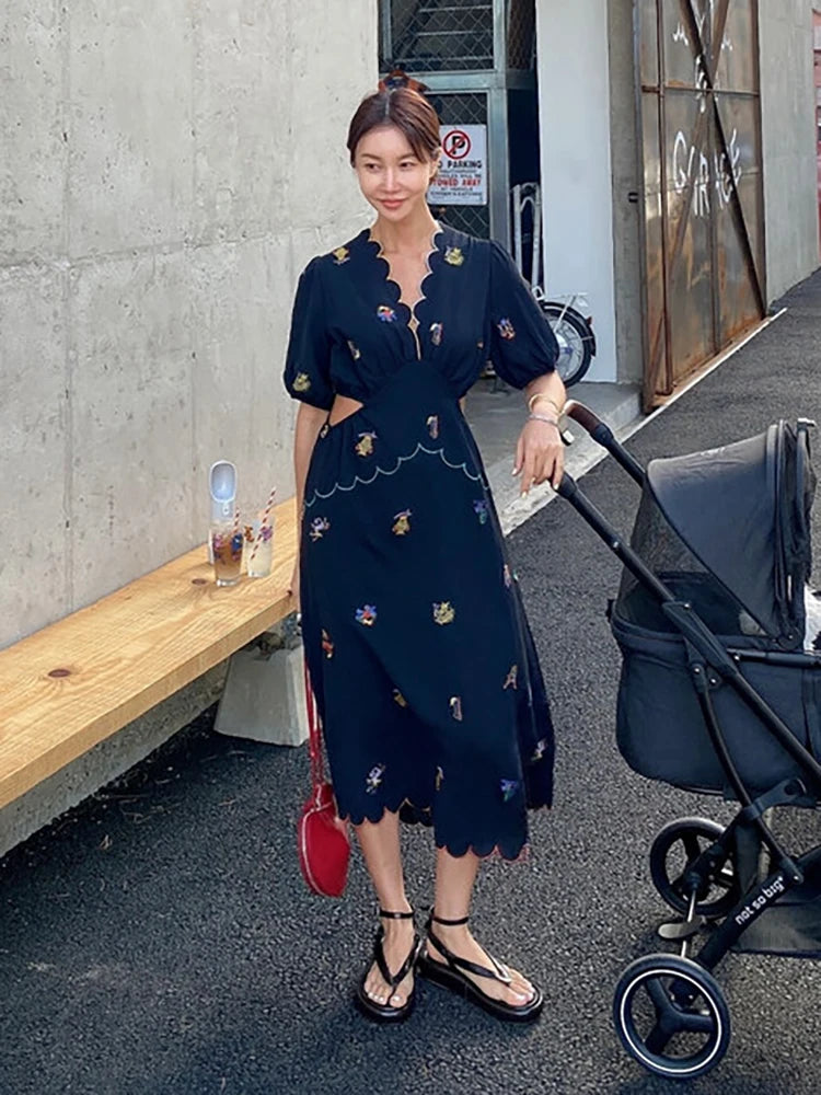 Fresh Summer Style Women V Neck Tapered Waist Dresses