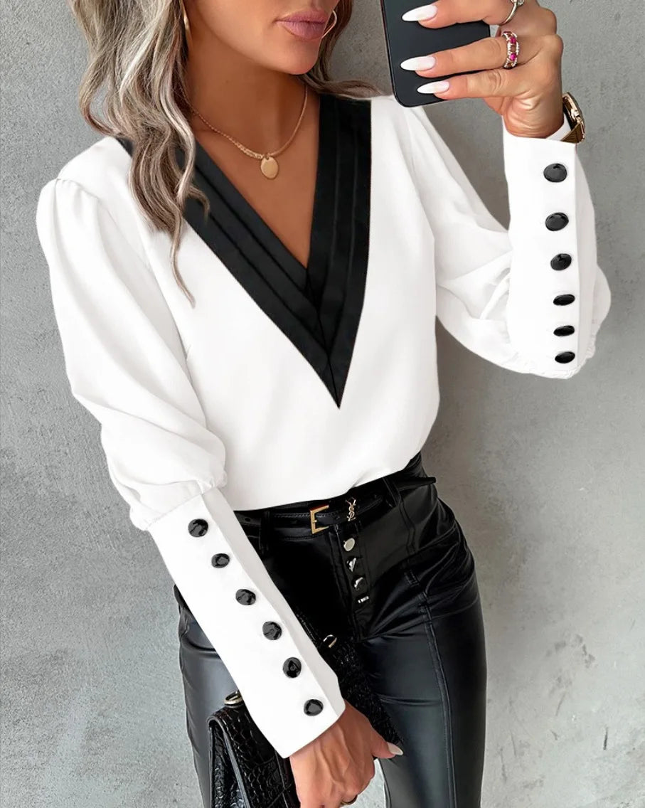 2024 V Neck Polka Dot Blouse Casual Office Wear For Women