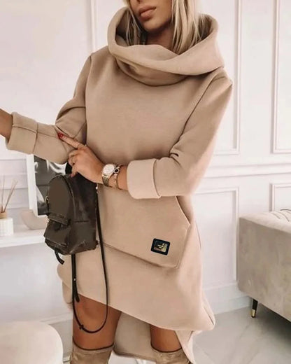 High Neck Hooded Sweatshirt Dress: Chic Office Pullover for Women