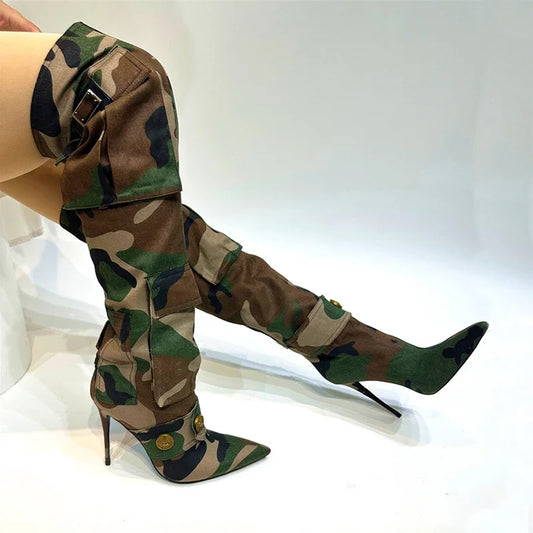 Designer Camouflage Themed Knee Length High Heel Boots