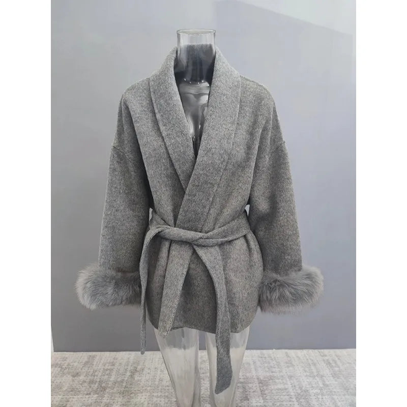 Elegant Wool Blend Coat for Women – Fur Patchwork Long Office Overcoat 2025 Fashion