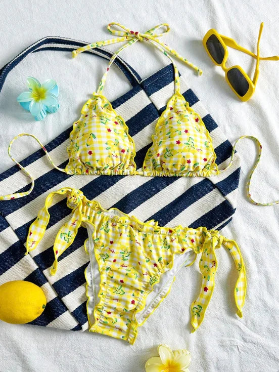 2025 Summer Pleated Bikini Set For Women Two Piece Triangle Swimsuit Halter Bathing Suit