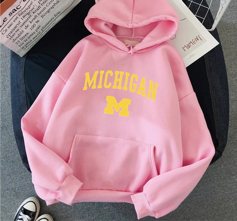 Michigan University Hoodie Hip Hop Fleece Streetwear Unisex Pullover