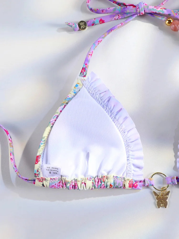 Purple Floral Ruffle Bikini with Butterfly Charm Aesthetic
