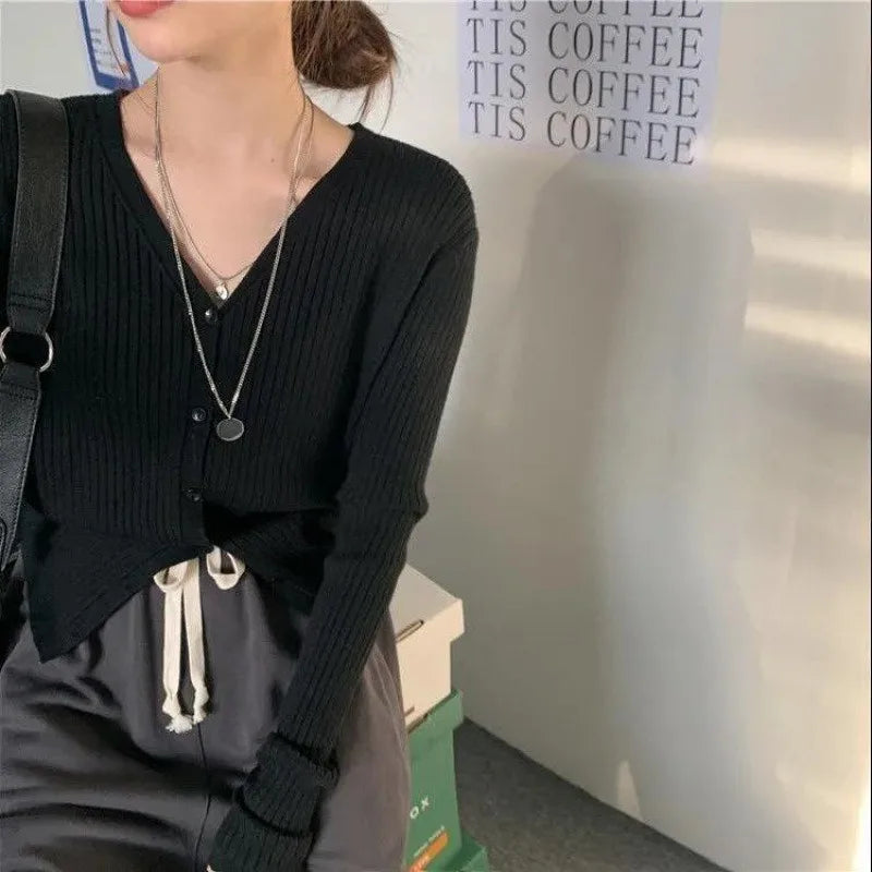 New Spring Autumn Solid Cardigan Sweater For Women V Neck Long Sleeve Single Breasted Short Coat Knit Clothing