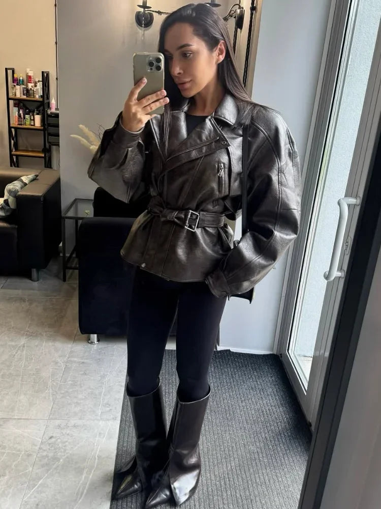 Lapel Collar Crop Leather Jackets