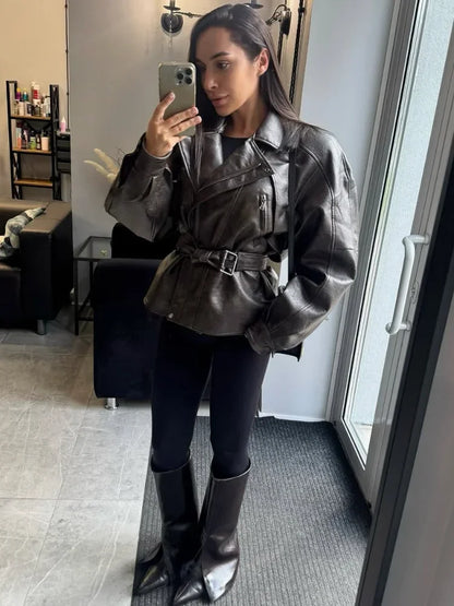 Lapel Collar Crop Leather Jackets