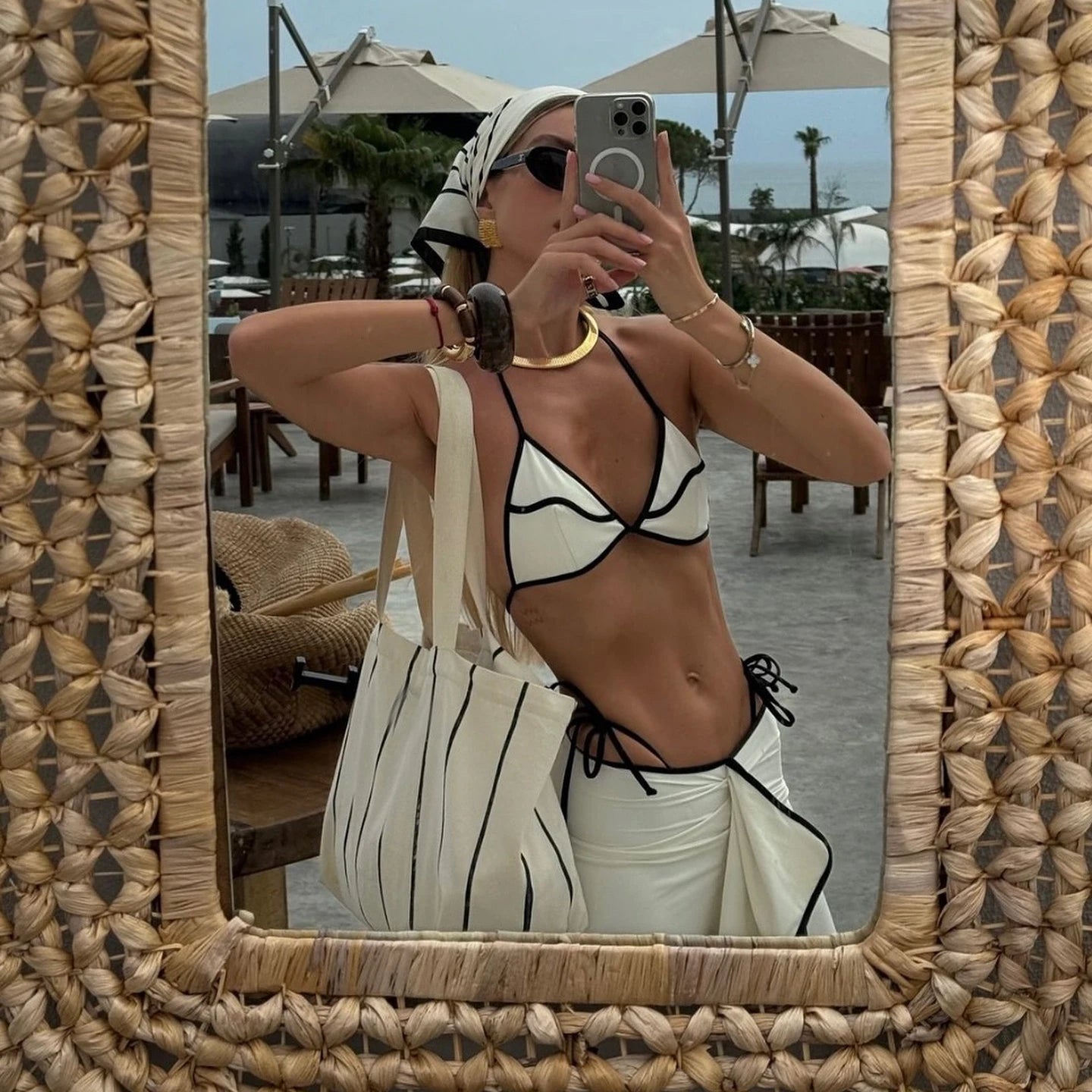 Cream and Black Contrast Trim Bikini with Matching Skirt and Tote Bag Aesthetic