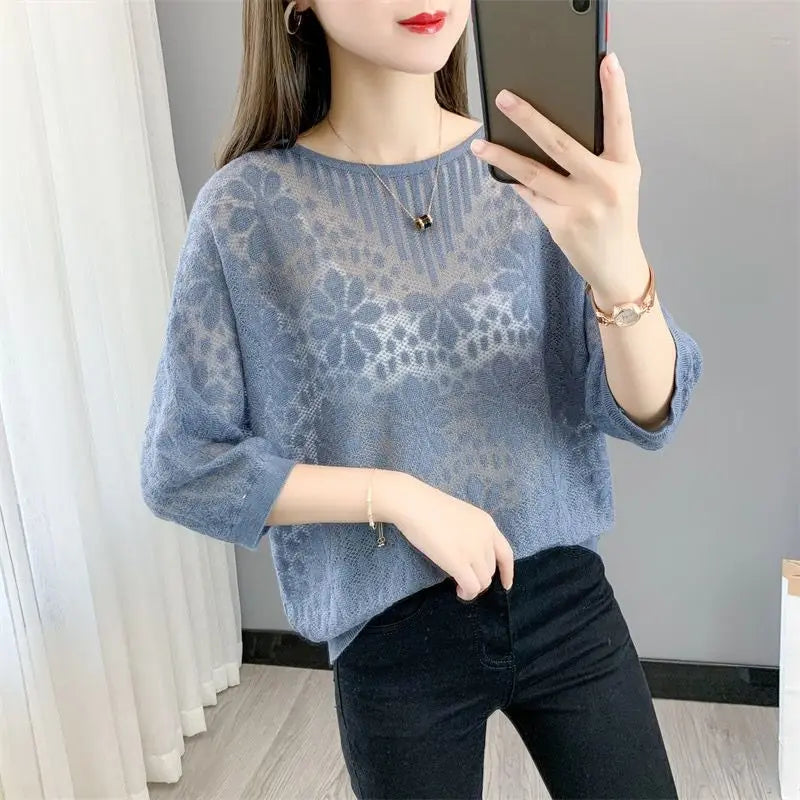 Elegant Knitted Hollow Out O Neck Sweater