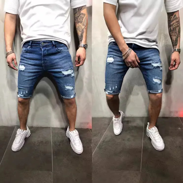 Mens Elastic Waist Ripped Summer Jean Shorts