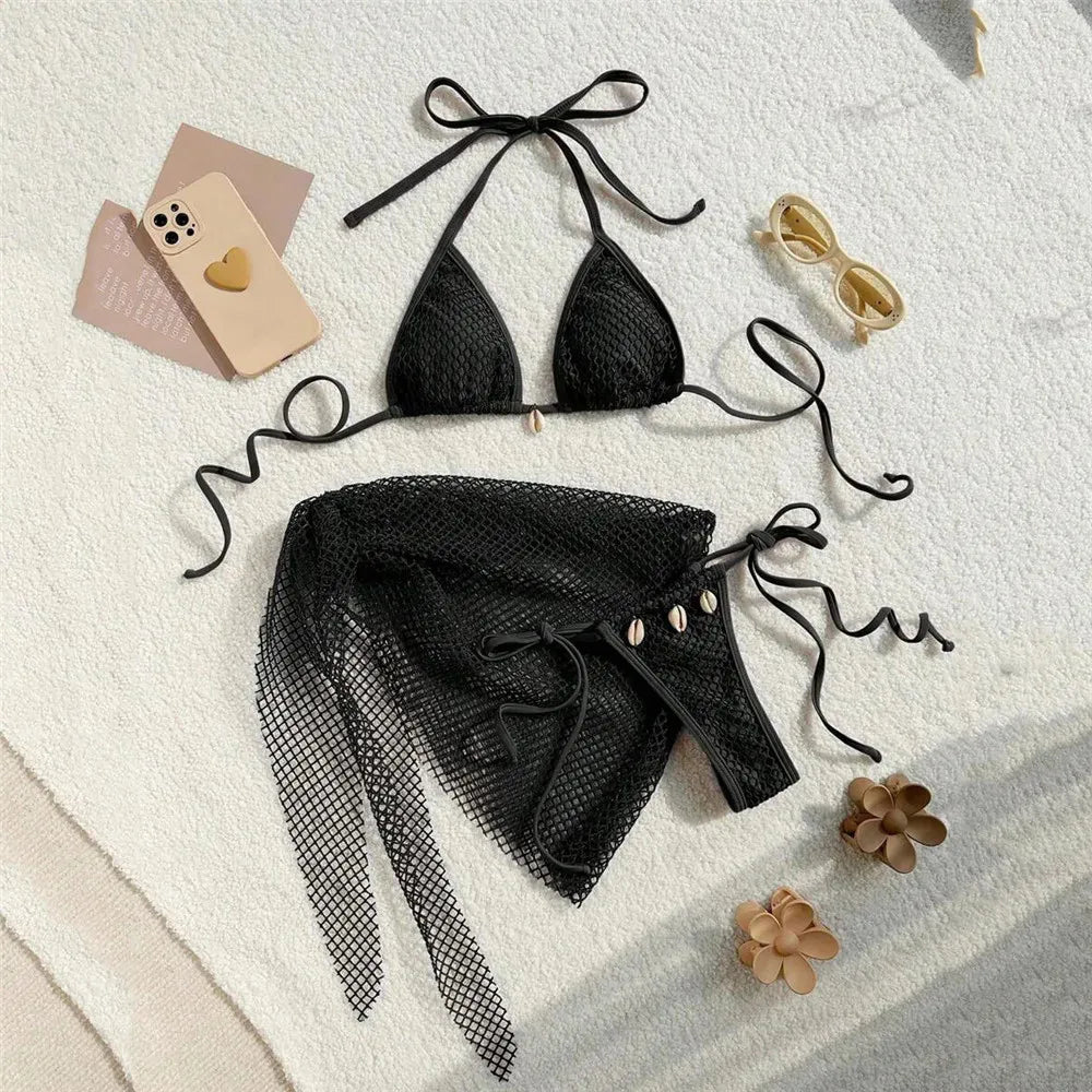 Chic Brown Mesh Bikini and Sarong Set for the Ultimate Coastal Aesthetic
