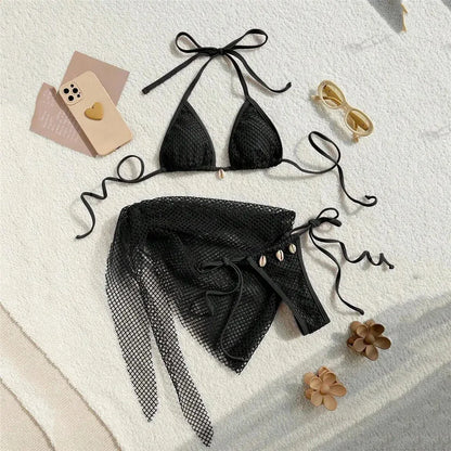 Chic Brown Mesh Bikini and Sarong Set for the Ultimate Coastal Aesthetic