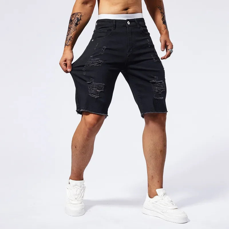 Men Stretch Light Blue Ripped Denim Shorts