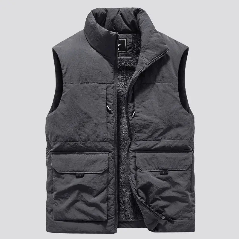 Mens Military Fleece Vest Multi Pocket Sleeveless Jacket For Winter Warmth In Black