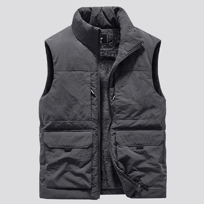 Mens Military Fleece Vest Multi Pocket Sleeveless Jacket For Winter Warmth In Black