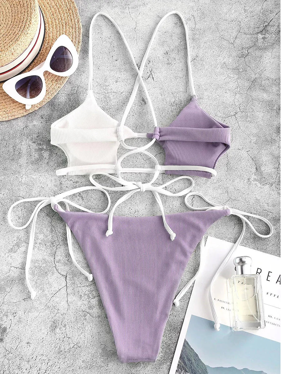 Elegant Black Lace-Up Ribbon Detail Bikini Aesthetic