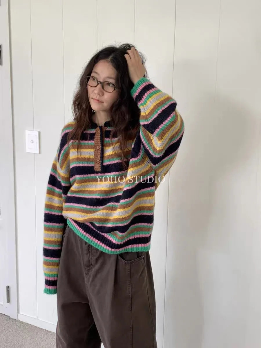 Vintage Cool Design Contrast Stripe Lace Up V Neck Sweater