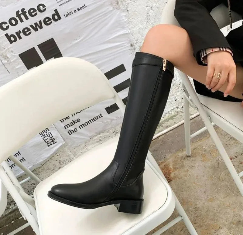 Winter Knee High Brown Boots Square Heel Zip Belt Buckle Gothic Style For Women