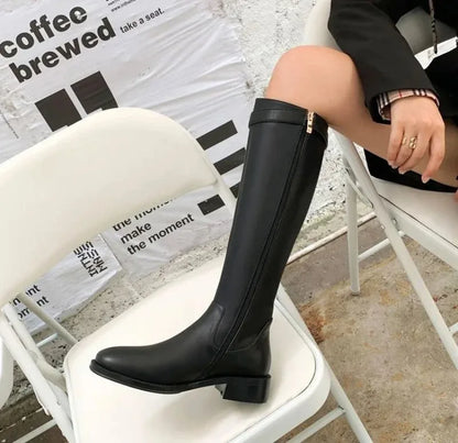 Winter Knee High Brown Boots Square Heel Zip Belt Buckle Gothic Style For Women