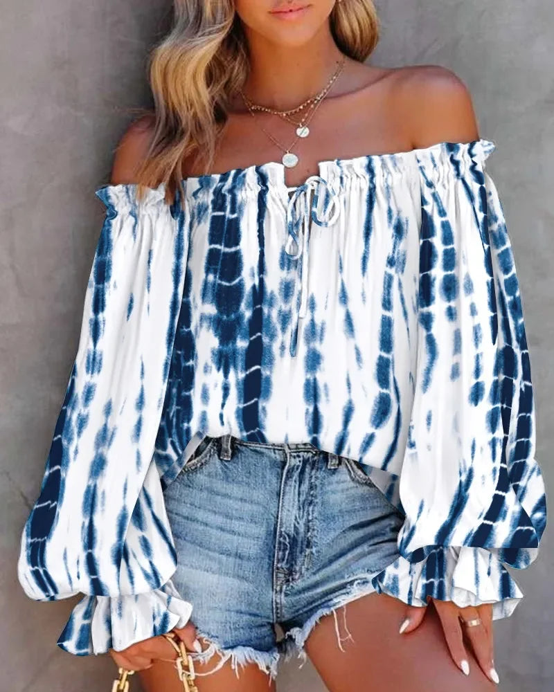 Off Shoulders Sleeveless Abstract Printed Women Blouse