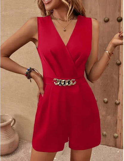 2025 Womens Summer Jumpsuit Solid Color Sleeveless V Neck Romper With Bow Button Front Shorts
