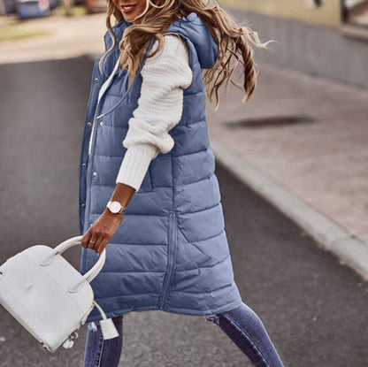 2025 Women's Long Winter Quilted Hooded Vest, Sleeveless Down Cotton Jacket with Pockets, Warm Outdoor Coat S-5XL