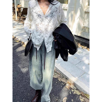 Vintage White Lace Blouse Korean Buttoned Elegance For Women