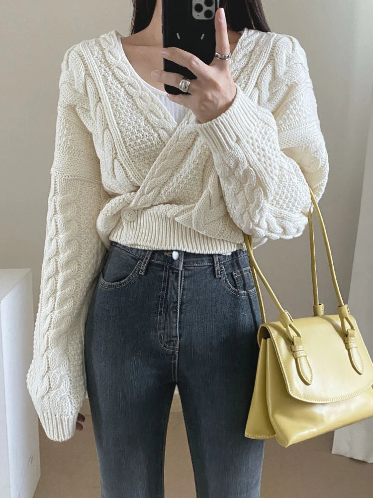 Women Deep V Neck Knitted Cardigan Sweater
