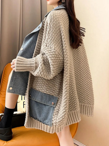 2025 New Autumn Winter Women Splicing Denim Jacket, Long Sleeve Jean Jackets, Female Loose Sweater Cardigan Jacket